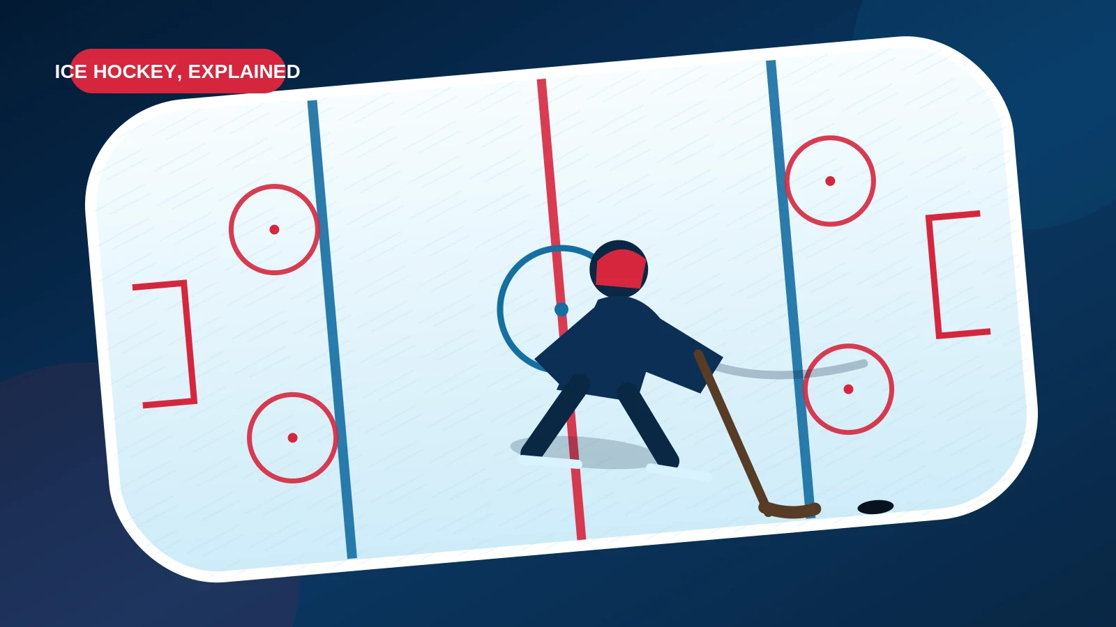 Stylized overhead ice hockey rink with a skater carrying the puck